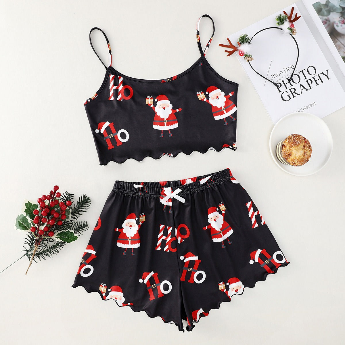 Women's Festive PJ Crop Top & Shorts Set