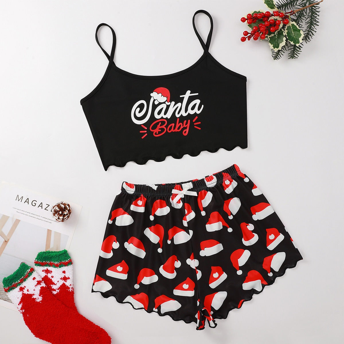 Women's Festive PJ Crop Top & Shorts Set